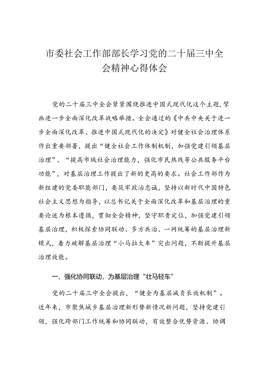 市委社会工作部部长学习党的二十届三中全会精神心得体会.docx_第1页