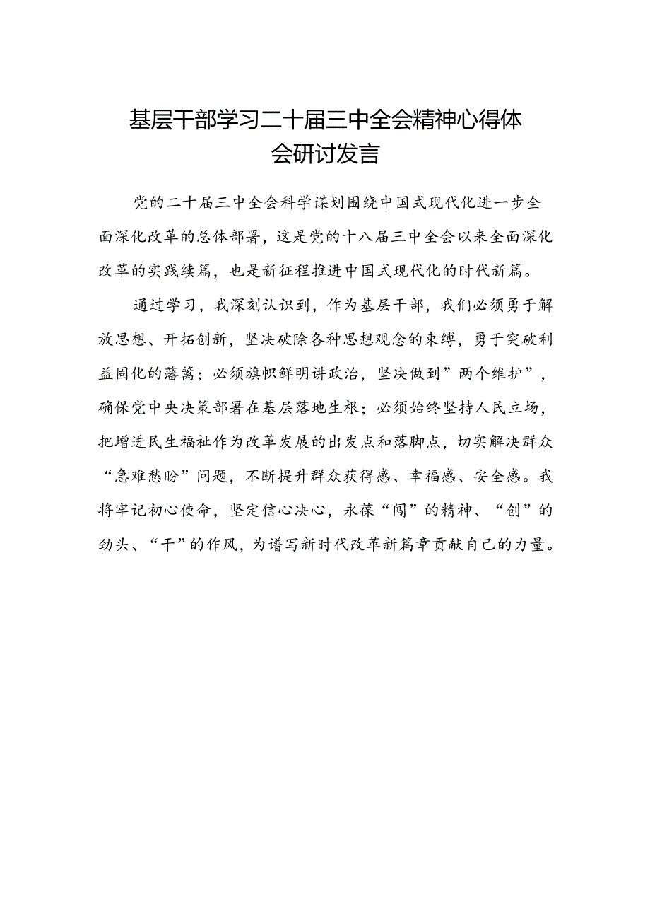 基层干部学习二十届三中全会精神心得体会研讨发言.docx_第1页