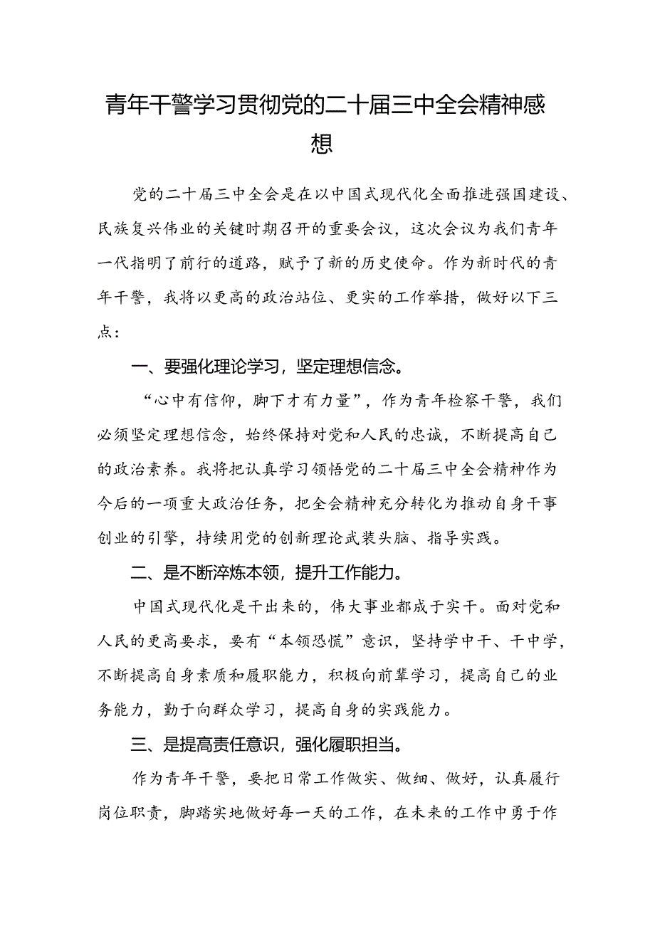 青年干警学习贯彻党的二十届三中全会精神感想.docx_第1页