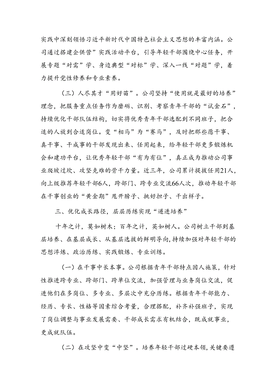 国企干部队伍建设经验交流材料：“五化”协同强化青年干部培养.docx_第3页