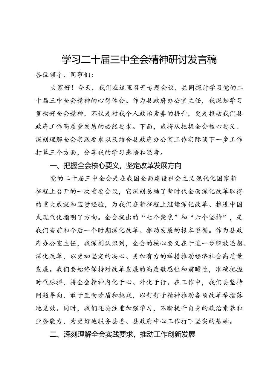 县政府办公室主任学习二十届三中全会精神研讨发言稿.docx_第1页