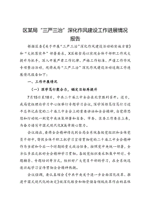 区某局“三严三治”深化作风建设工作进展情况报告.docx