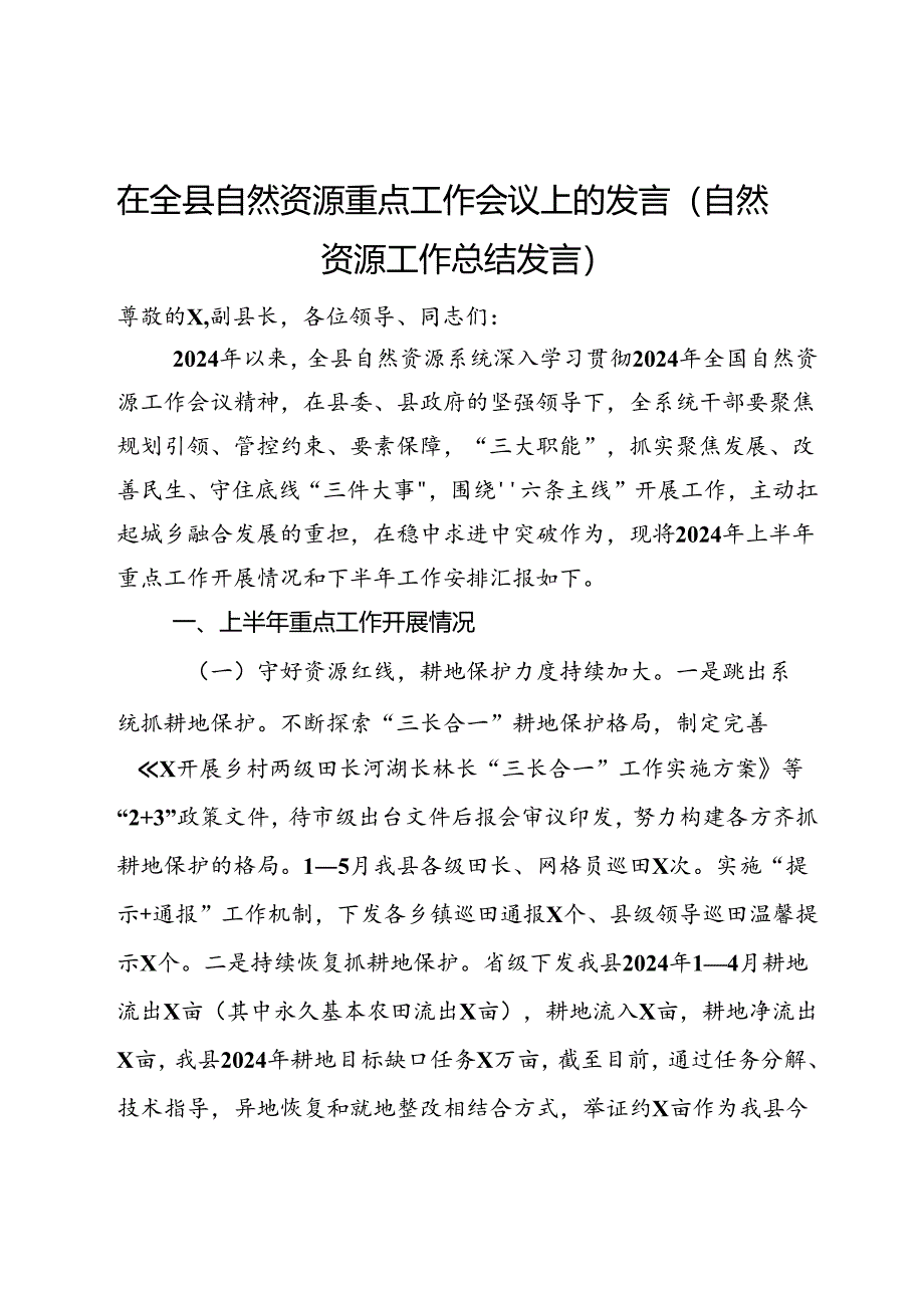 在全县自然资源重点工作会议上的发言（自然资源工作总结发言）.docx_第1页