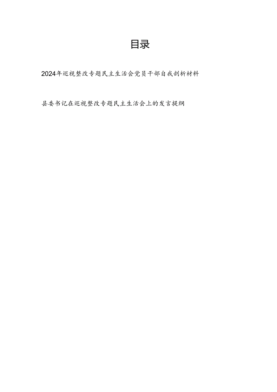 2024年巡视整改专题民主生活会党员干部自我剖析材料和县委书记在巡视整改专题民主生活会上的发言提纲.docx_第1页