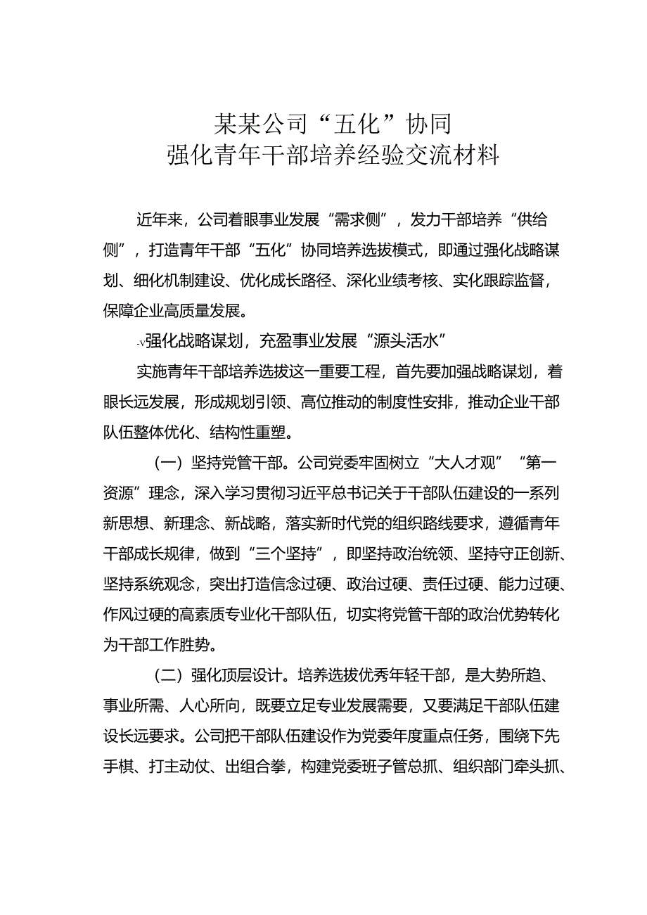 某某公司“五化”协同强化青年干部培养经验交流材料.docx_第1页