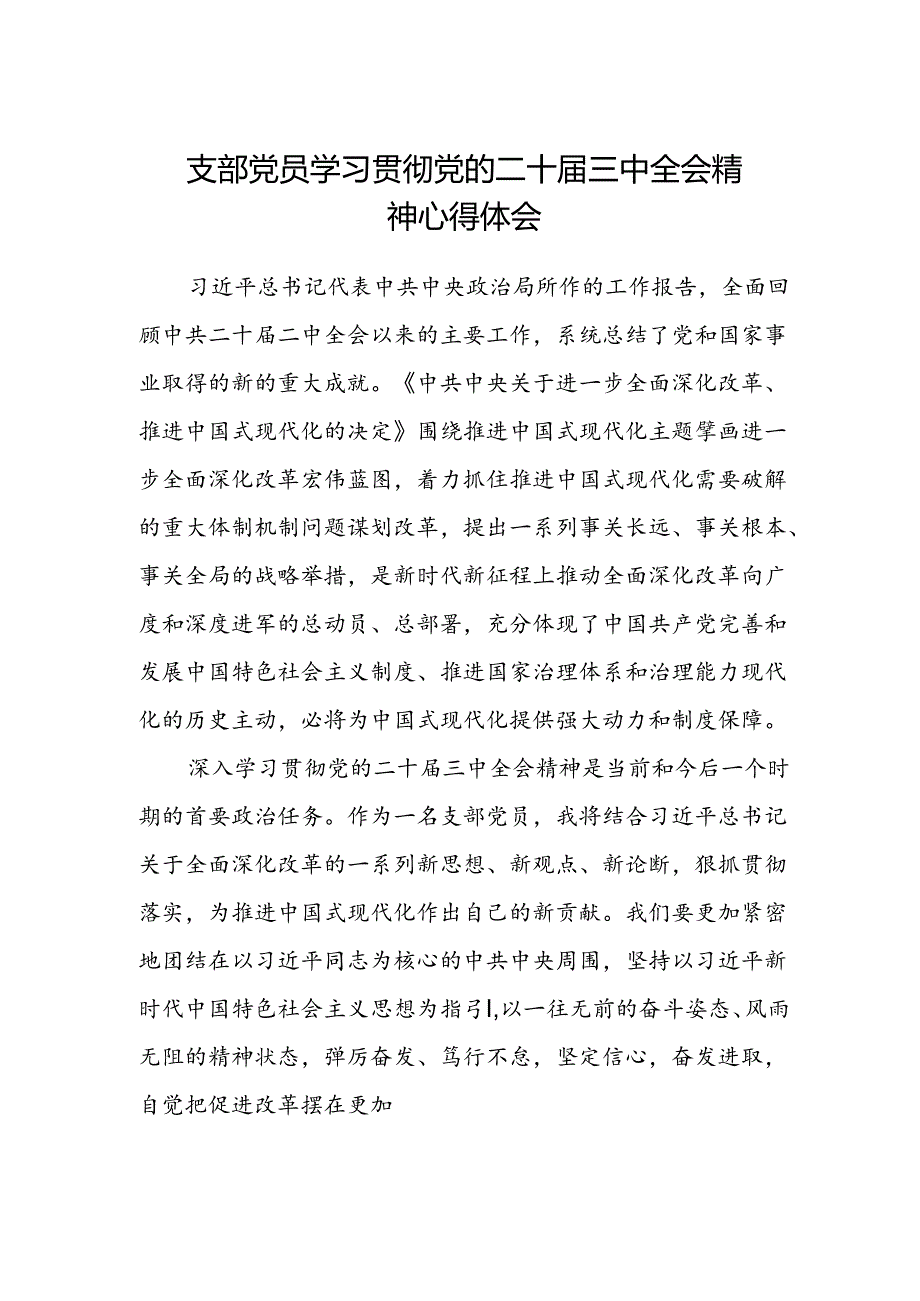 支部党员学习贯彻党的二十届三中全会精神心得体会.docx_第1页