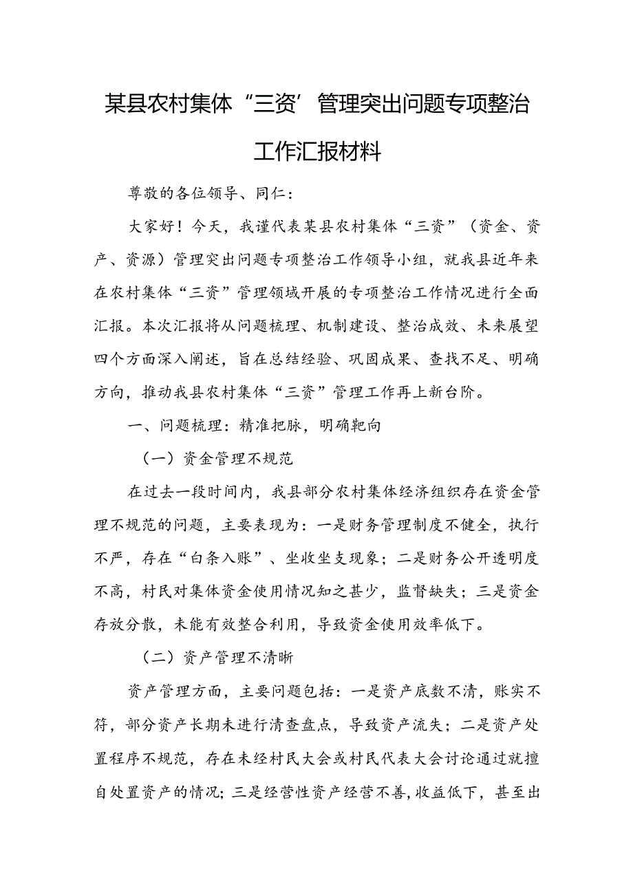 某县农村集体“三资”管理突出问题专项整治工作汇报材料.docx_第1页