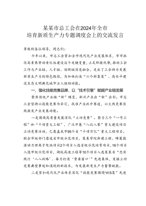 某某市总工会在2024年全市培育新质生产力专题调度会上的交流发言.docx