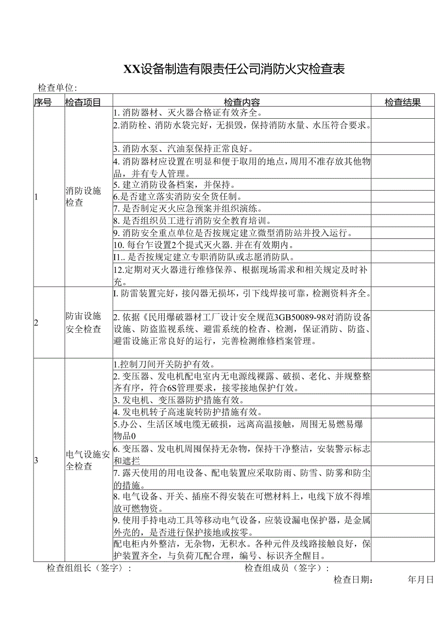 XX设备制造有限责任公司消防火灾检查表（2024年）.docx_第1页