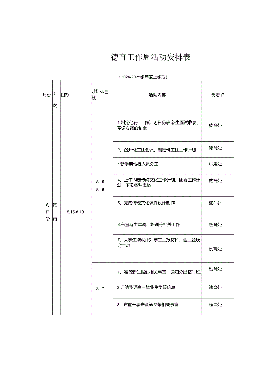 2024-2025学年度上学期德育工作周活动安排表.docx_第1页
