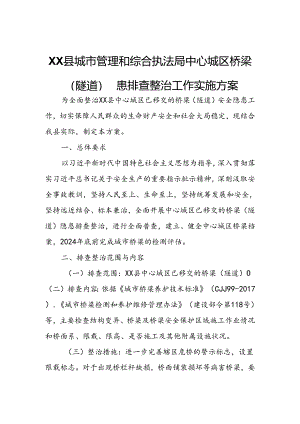 XX县城市管理和综合执法局中心城区桥梁（隧道）隐患排查整治工作实施方案.docx