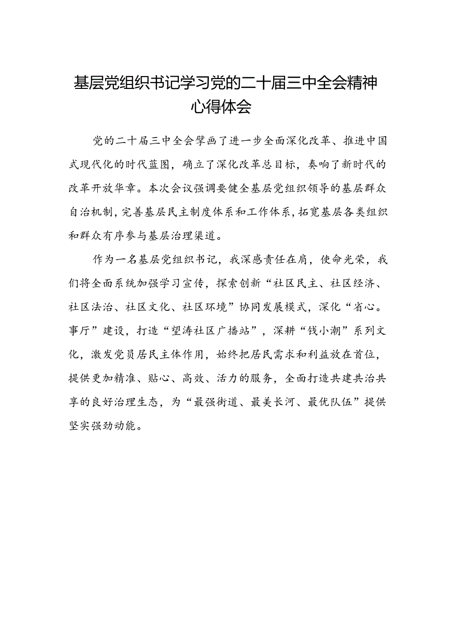 基层党组织书记学习党的二十届三中全会精神心得体会.docx_第1页