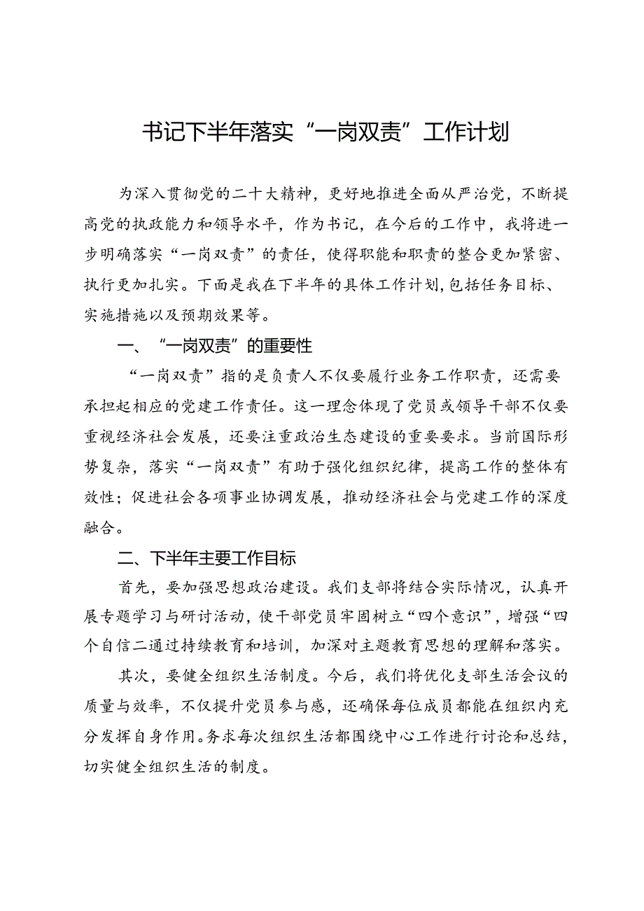 书记下半年落实“一岗双责”工作计划.docx_第1页