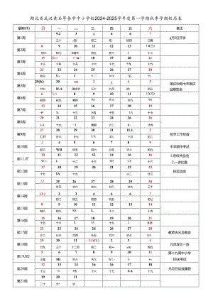 湖北省武汉黄石襄阳十堰荆州宜昌荆门鄂州孝感黄冈咸宁随州恩施仙桃潜江天门市中小学校2024-2025学年度第一学期秋季学期校历表教育教学工作日历表.docx