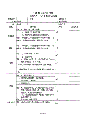 XX机械有限责任公司电动葫芦（行车）检查记录表（2024年）.docx
