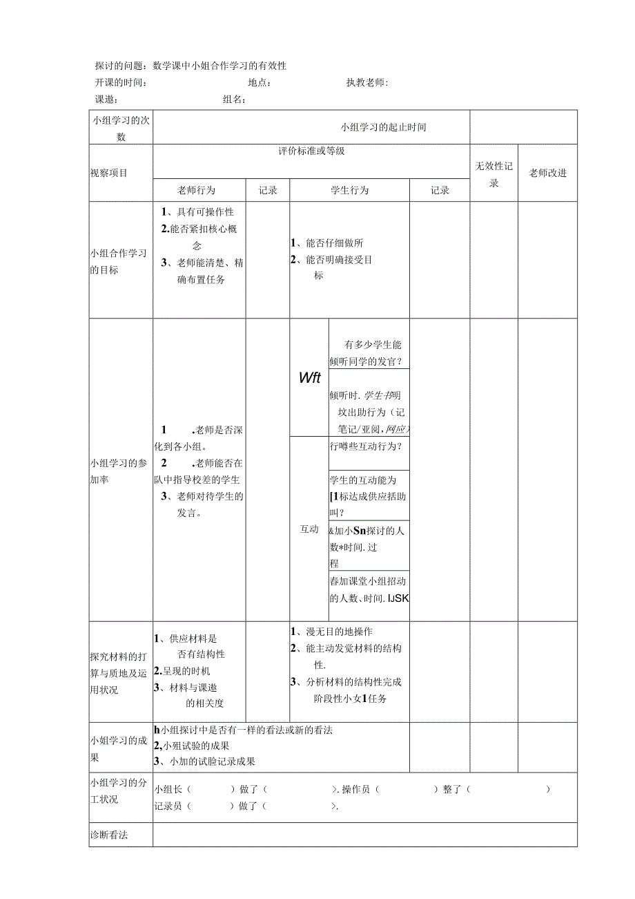 小组合作学习课堂观察量表.docx_第1页