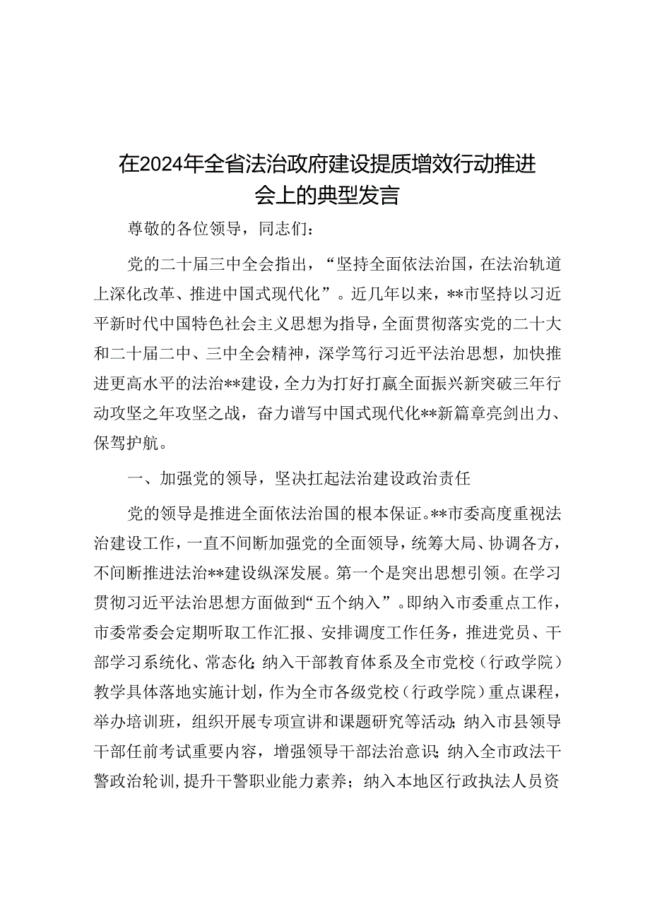 在2024年全省法治政府建设提质增效行动推进会上的典型发言.docx_第1页