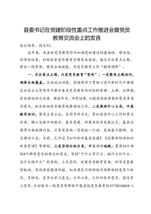 县委书记在党建阶段性重点工作推进会暨党员教育交流会上的发言.docx