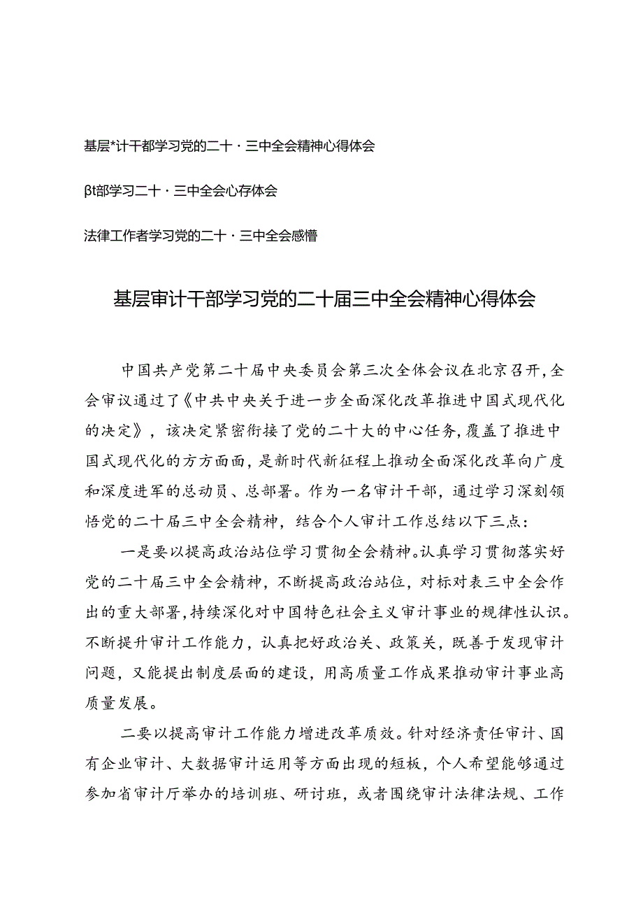 基层审计干部、教师、法律工作者学习党的二十届三中全会精神心得体会.docx_第1页