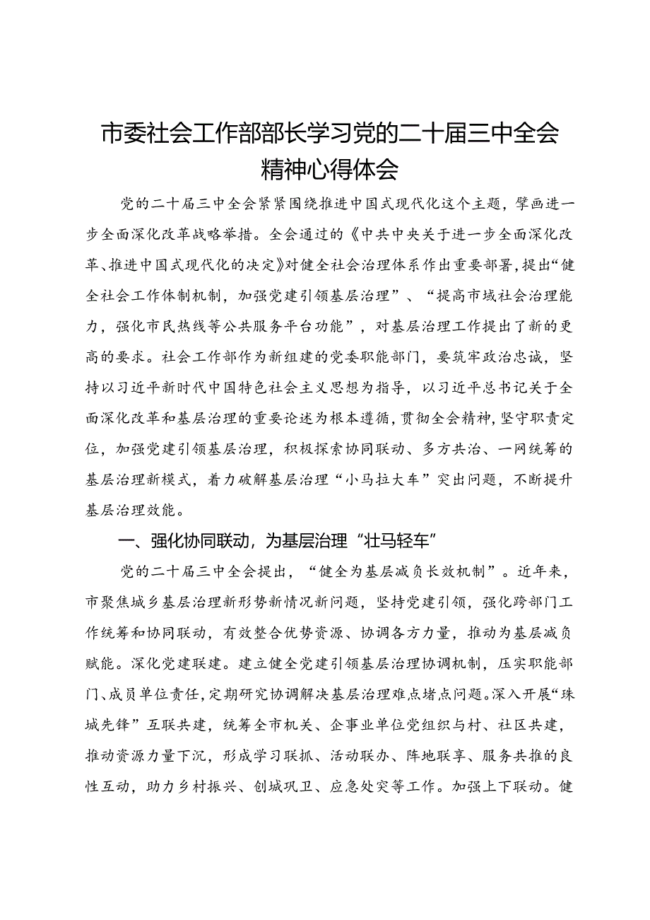 市委社会工作部部长学习党的二十届三中全会精神心得体会.docx_第1页