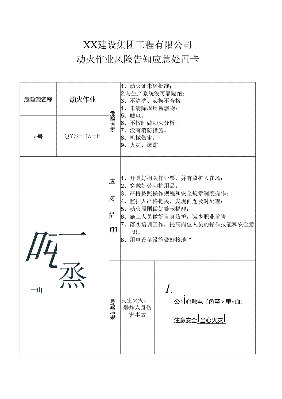 动火作业风险告知应急处置卡（2024年XX建设集团工程有限公司）.docx_第1页