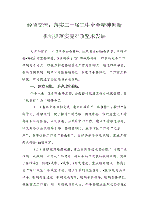 经验交流：落实二十届三中全会精神创新机制抓落实克难攻坚求发展.docx