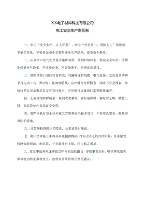 XX电子材料科技有限公司电工安全生产责任制（2024年）.docx