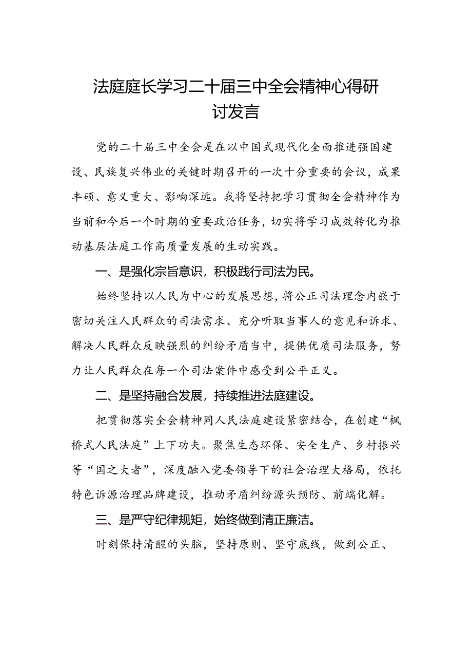 法庭庭长学习二十届三中全会精神心得研讨发言.docx_第1页