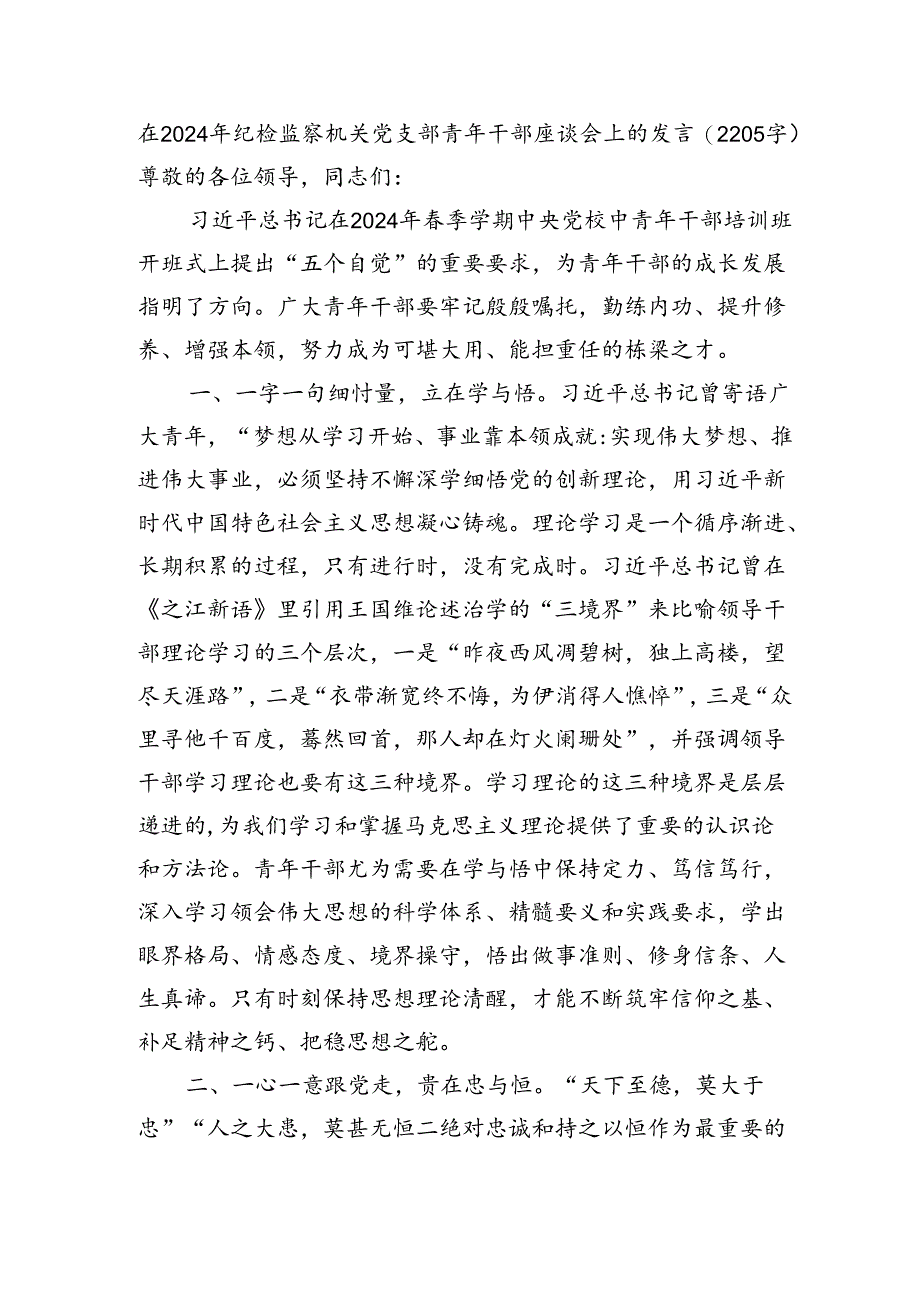 在2024年纪检监察机关党支部青年干部座谈会上的发言（2205字）.docx_第1页