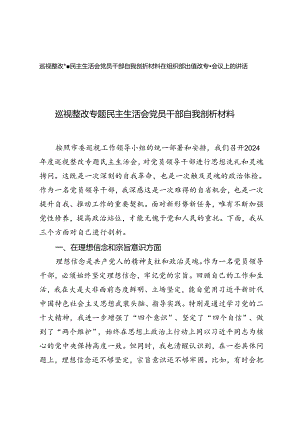 2024年巡视整改专题民主生活会党员干部自我剖析材料+在组织部巡视整改专题会议上的讲话.docx