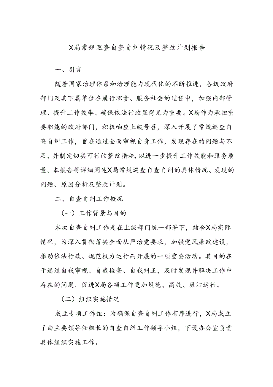 X局常规巡查自查自纠情况及整改计划报告.docx_第1页