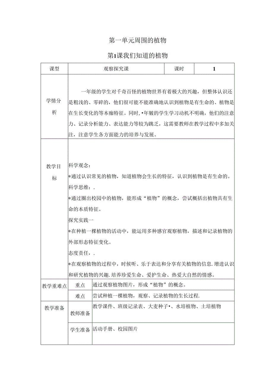 （2024秋）科教版科学一年级上册《我们知道的植物》教案.docx_第1页
