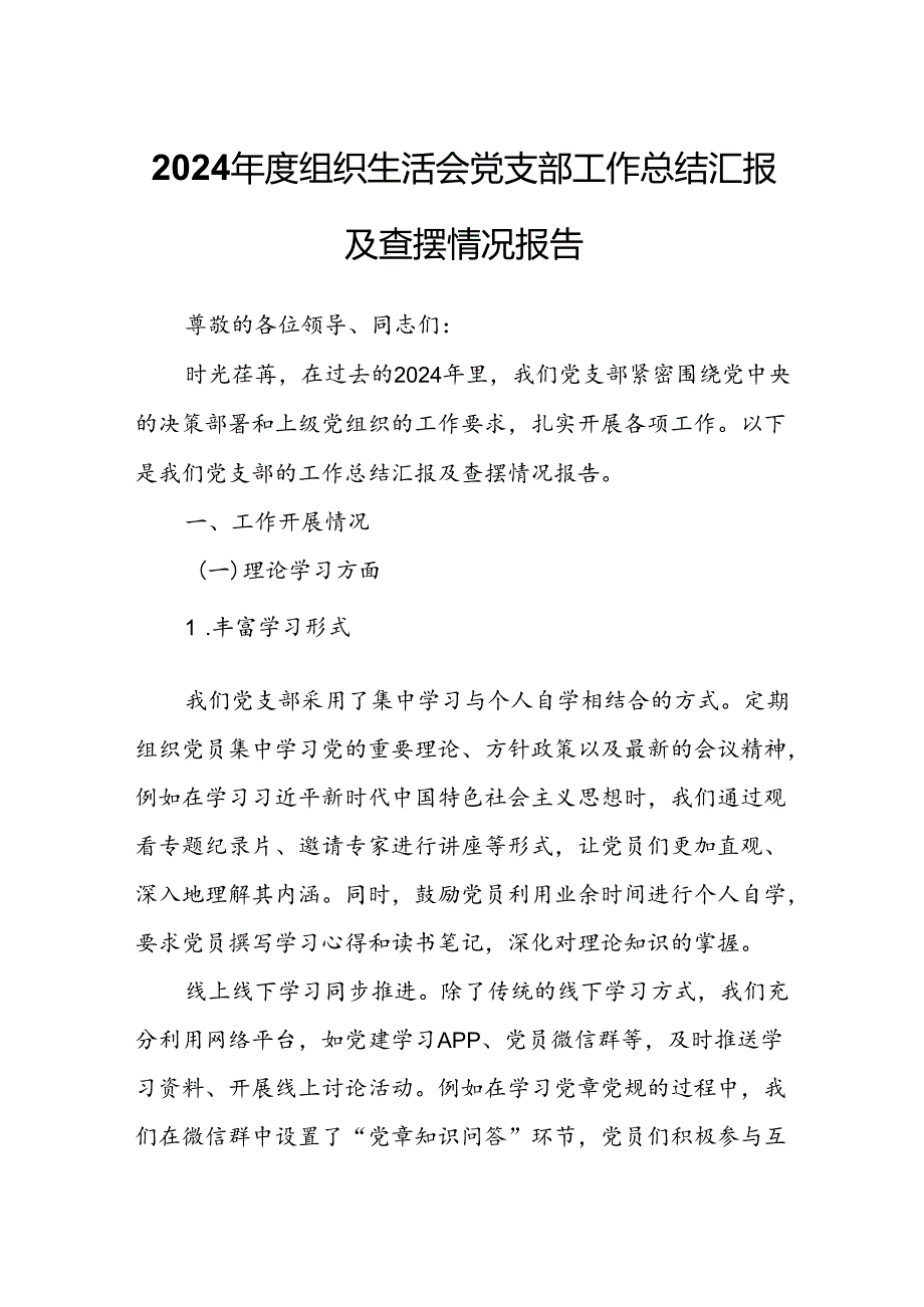 2024年度组织生活会党支部工作总结汇报及查摆情况报告.docx_第1页