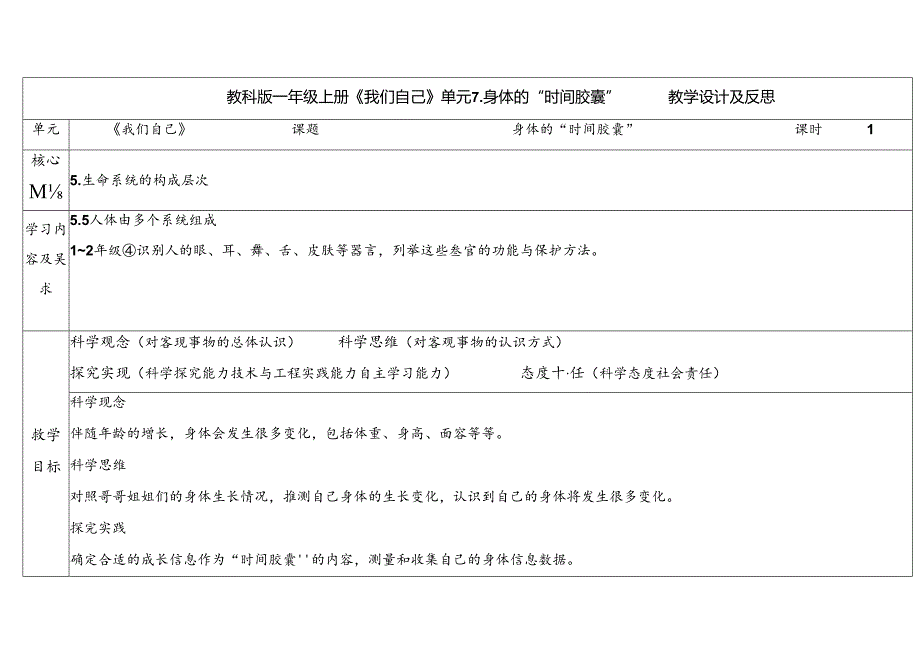 2024新教科版一年级科学上册第二单元身体的“时间胶囊教学设计.docx_第1页