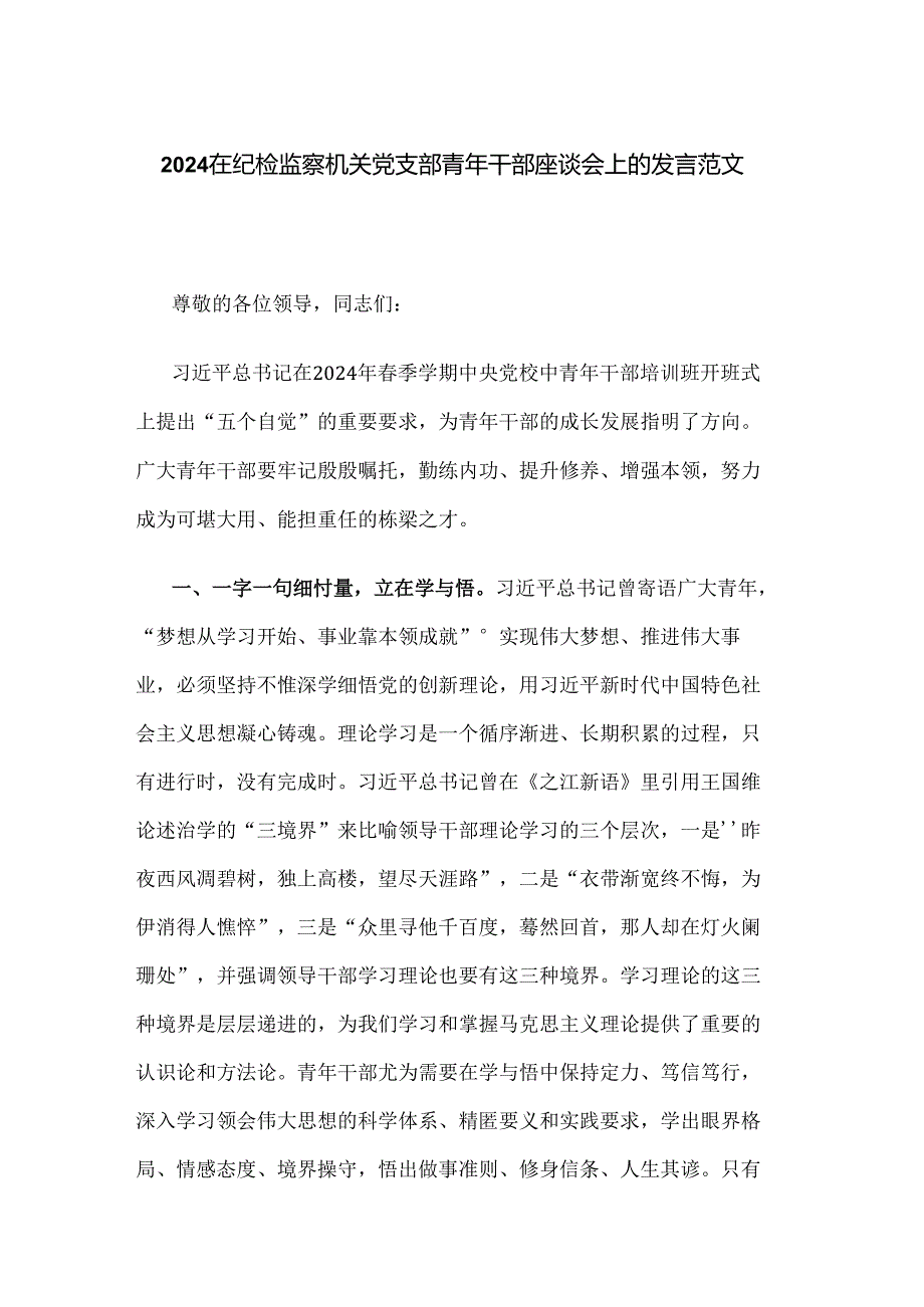 2024在纪检监察机关党支部青年干部座谈会上的发言范文.docx_第1页
