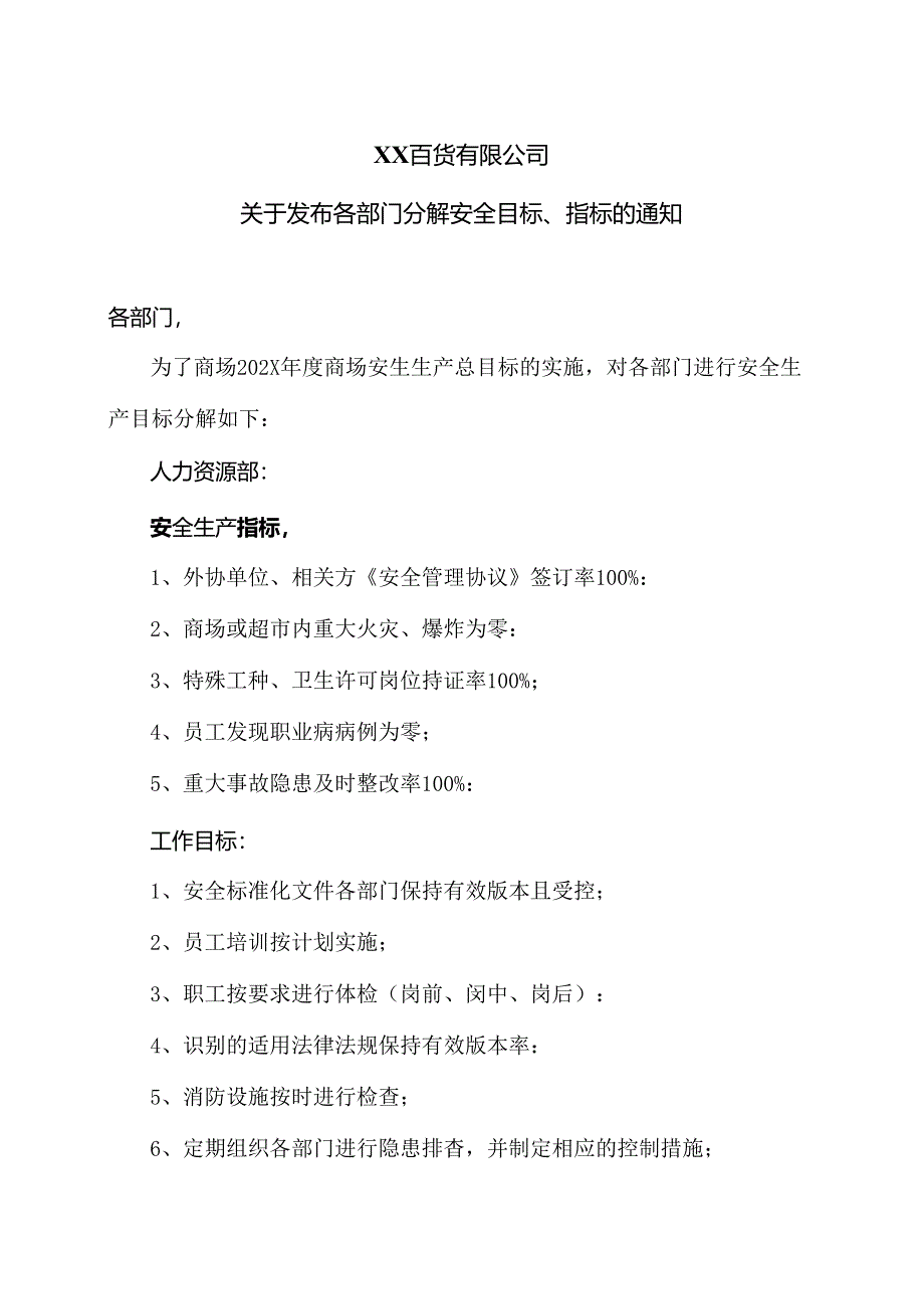XX百货有限公司关于发布各部门分解安全目标、指标的通知（2024年）.docx_第1页