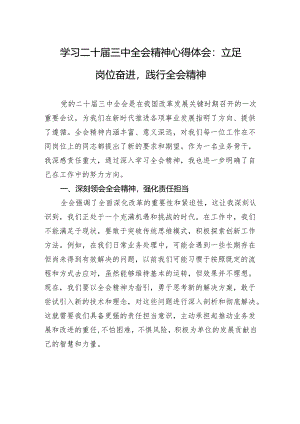 学习二十届三中全会精神心得体会：立足岗位奋进践行全会精神.docx