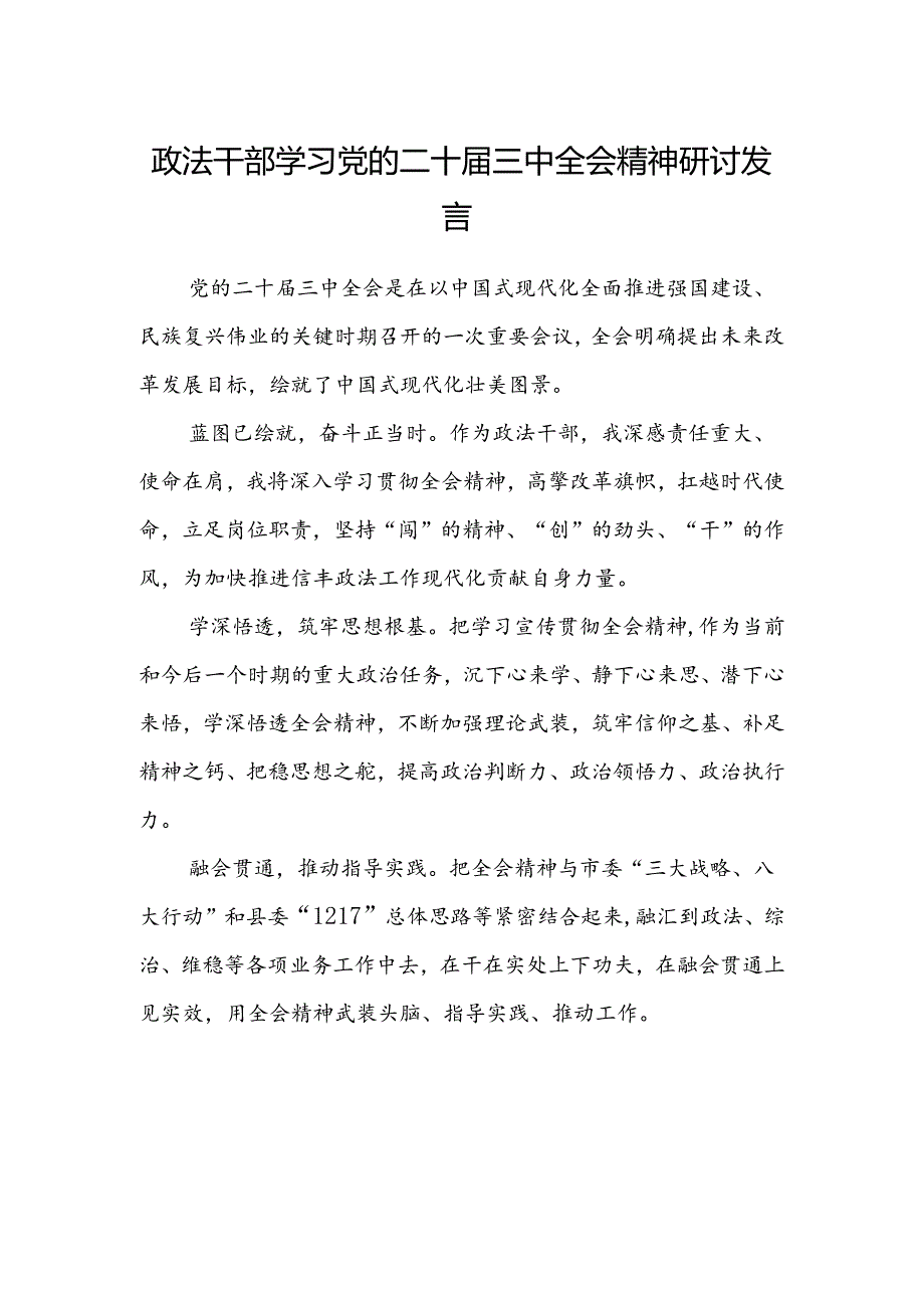 政法干部学习党的二十届三中全会精神研讨发言.docx_第1页