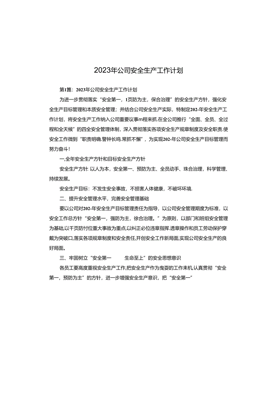 2023年公司安全生产工作计划.docx_第1页