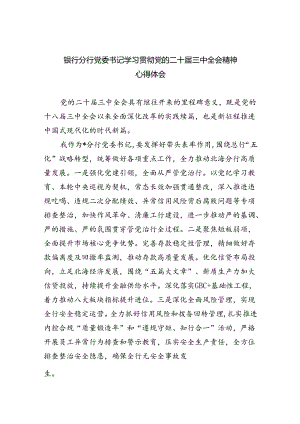 （9篇）银行分行党委书记学习贯彻党的二十届三中全会精神心得体会集合.docx