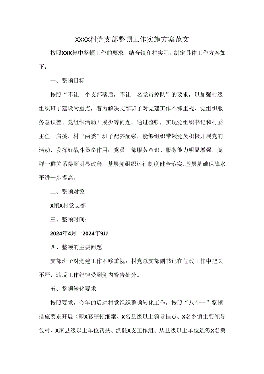 XXXX村党支部整顿工作实施方案范文.docx_第1页