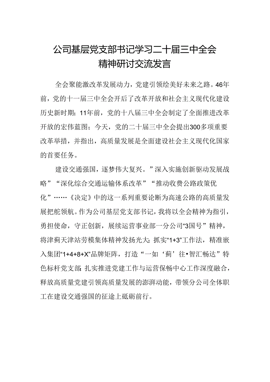 公司基层党支部书记学习二十届三中全会精神研讨交流发言.docx_第1页