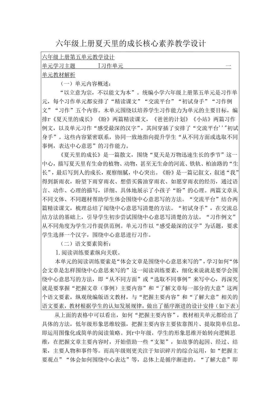 六年级上册夏天里的成长核心素养教学设计.docx_第1页