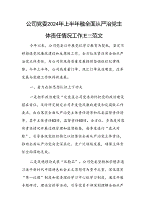 公司党委2024年上半年落实全面从严治党主体责任情况工作汇报范文.docx