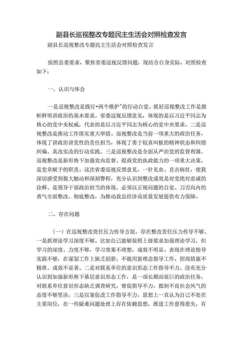 副县长巡视整改专题民主生活会对照检查发言.docx_第1页