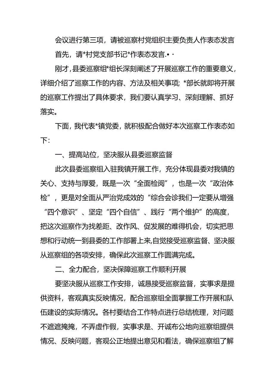 县委巡察组对乡镇某村开展巡察动员会主持词及表态发言和村党总支书记在县委巡察组巡察村党总支后表态发言稿.docx_第3页