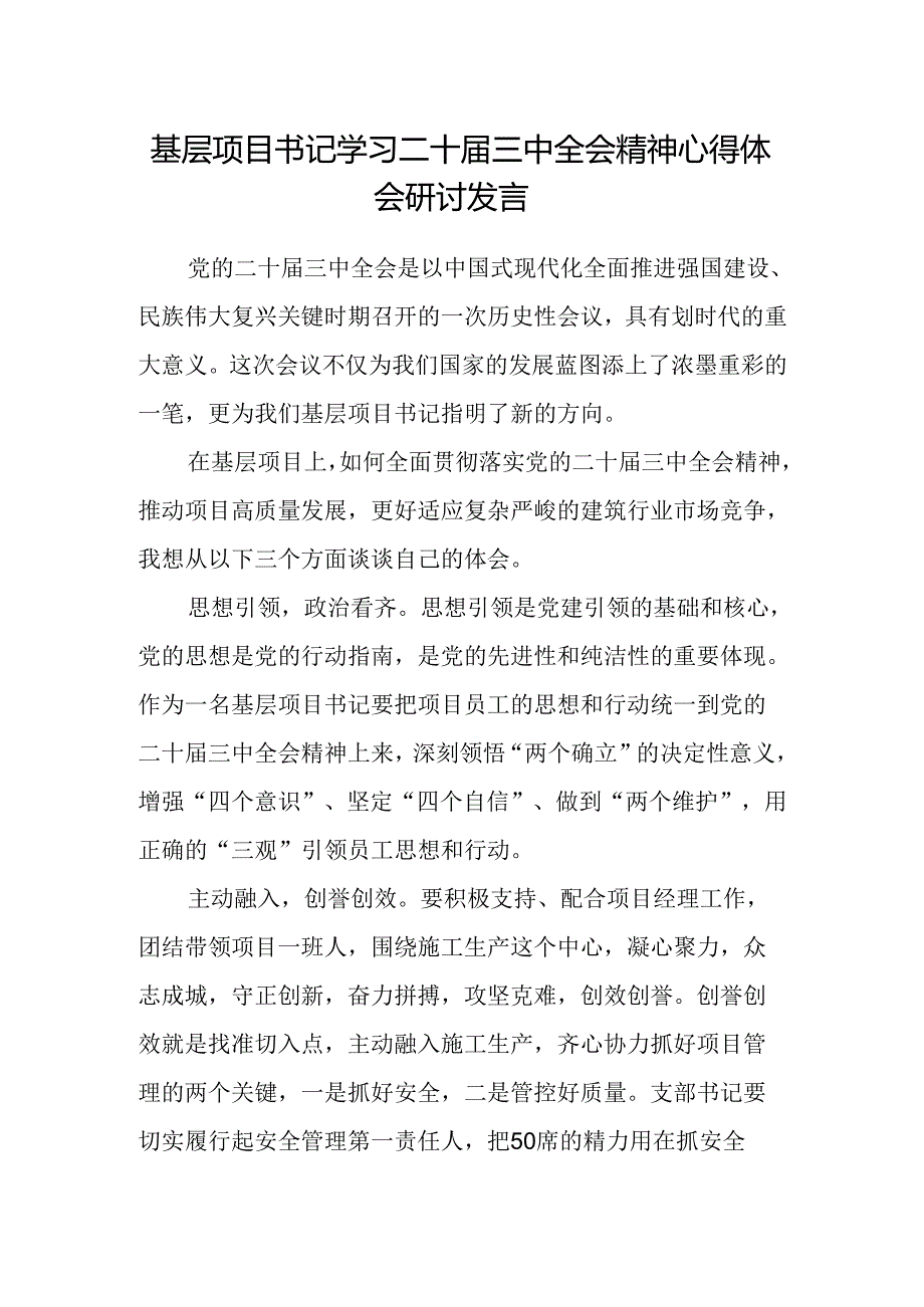 基层项目书记学习二十届三中全会精神心得体会研讨发言.docx_第1页