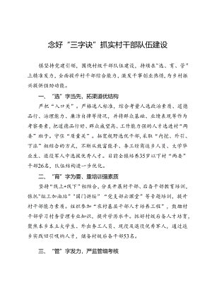 交流发言：念好“三字诀” 抓实村干部队伍建设.docx