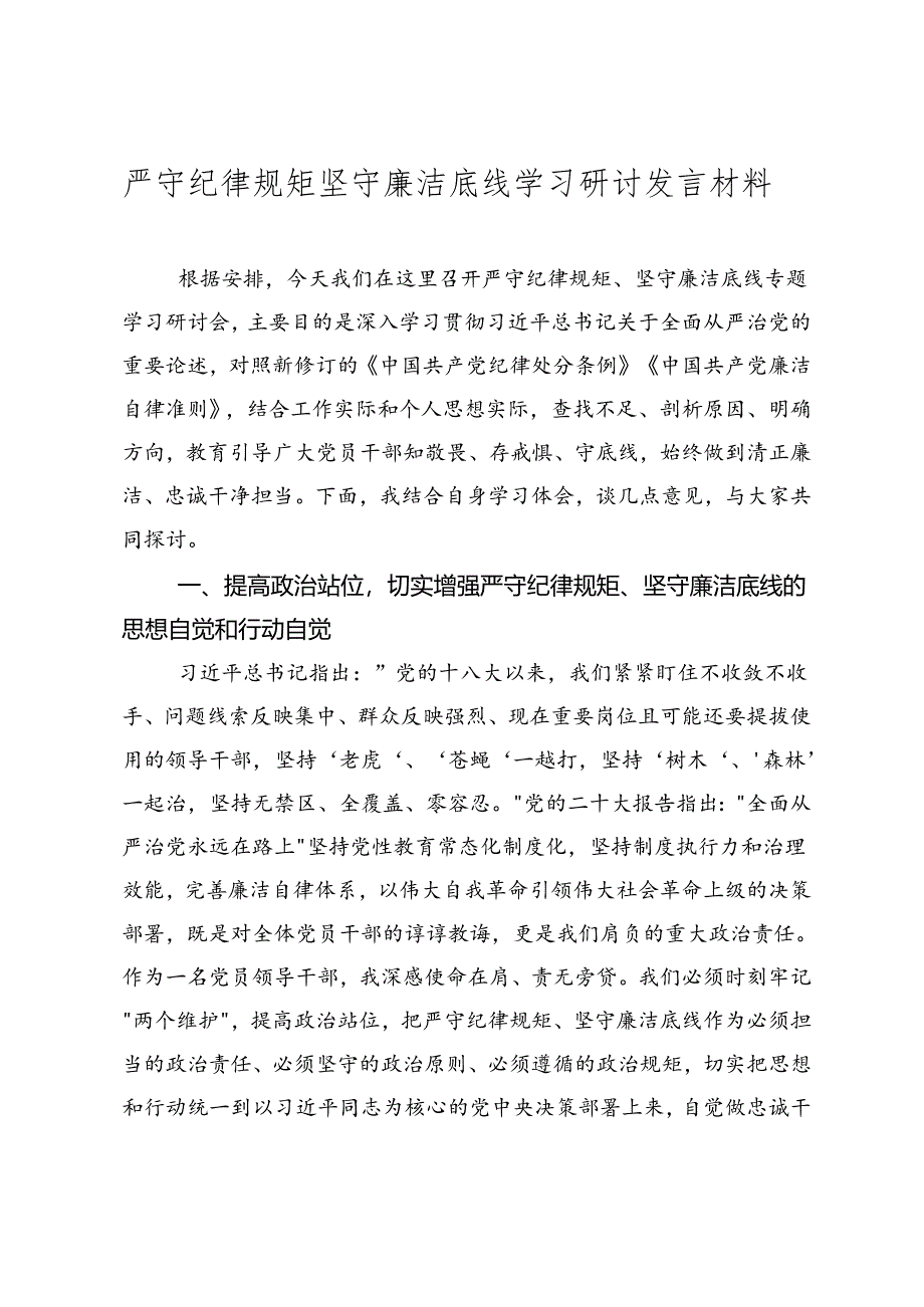 严守纪律规矩坚守廉洁底线学习研讨发言材料（2024-2025年度）.docx_第1页