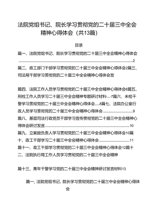 （13篇）法院党组书记、院长学习贯彻党的二十届三中全会精神心得体会专题资料.docx